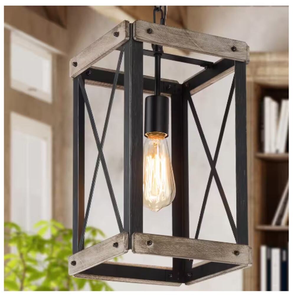 LNC Black Rustic Wood Cage Pendant Light Farmhouse Lantern Kitchen Pendant NEW